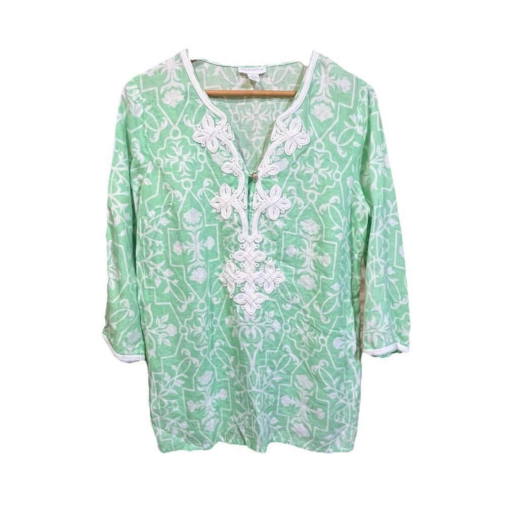 Charter Club Linen Geometric Top Womens Large Green Embroidered Beachy Resort